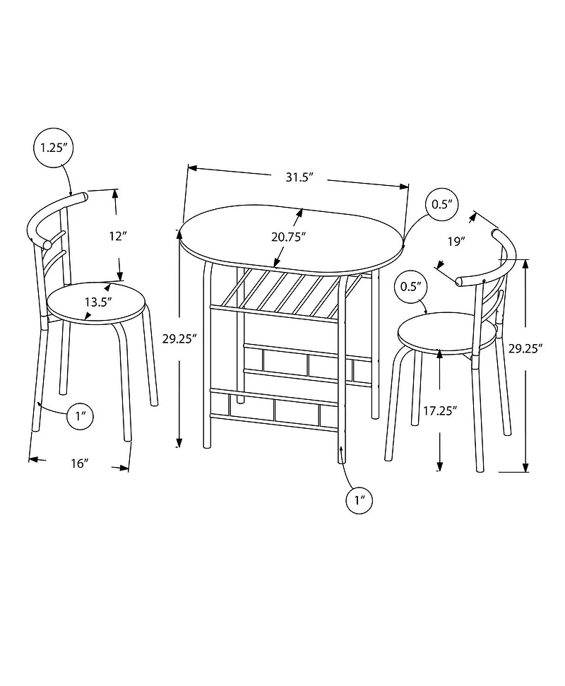 Monarch Specialties Dining Table Set, 3pcs Set, Small, 32" L, Kitchen, Metal, Laminate, Grey, Black, Contemporary, Modern