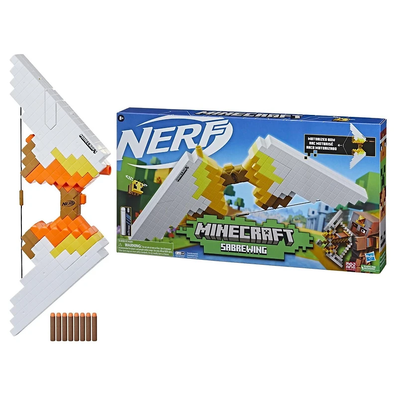Nerf Minecraft Sabrewing Arc motorisé, tire des fléchettes, chargeur 8 fléchettes Nerf Elite, design inspiré de l'arc du jeu vidéo Minecraft
