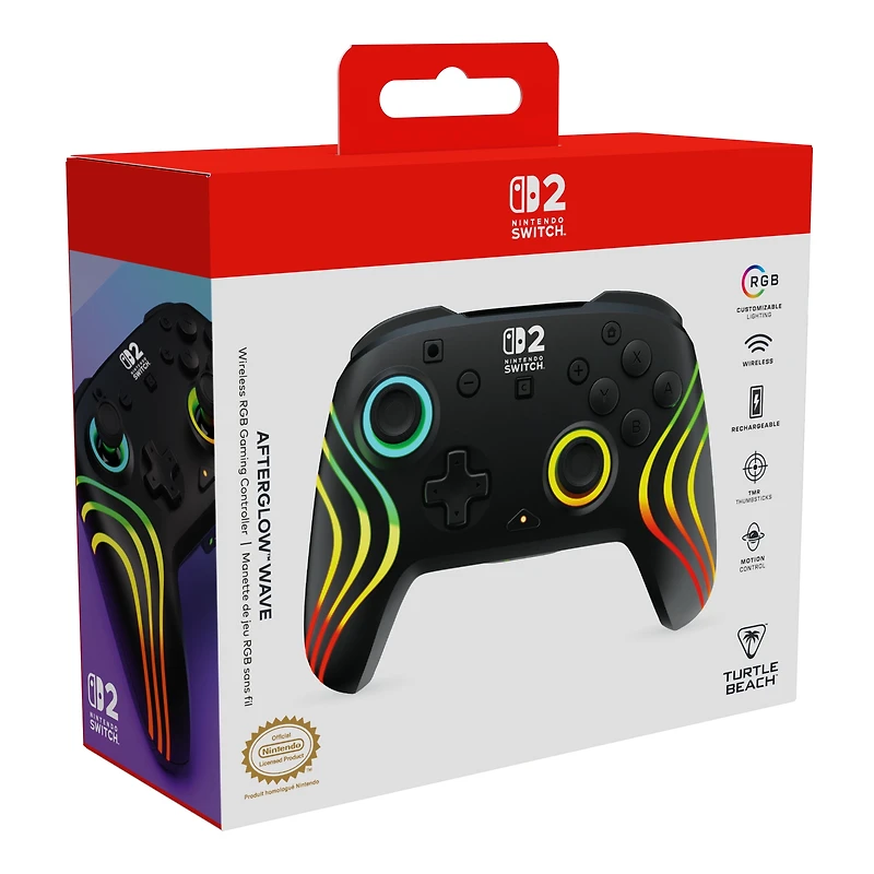 Manette de gaming RGB sans fil Turtle Beach Afterglow Wave (Noir) - Sous licence officielle pour Nintendo Switch 2, Nintendo Switch - Éclairage personnalisable, Sticks TMR, RGB