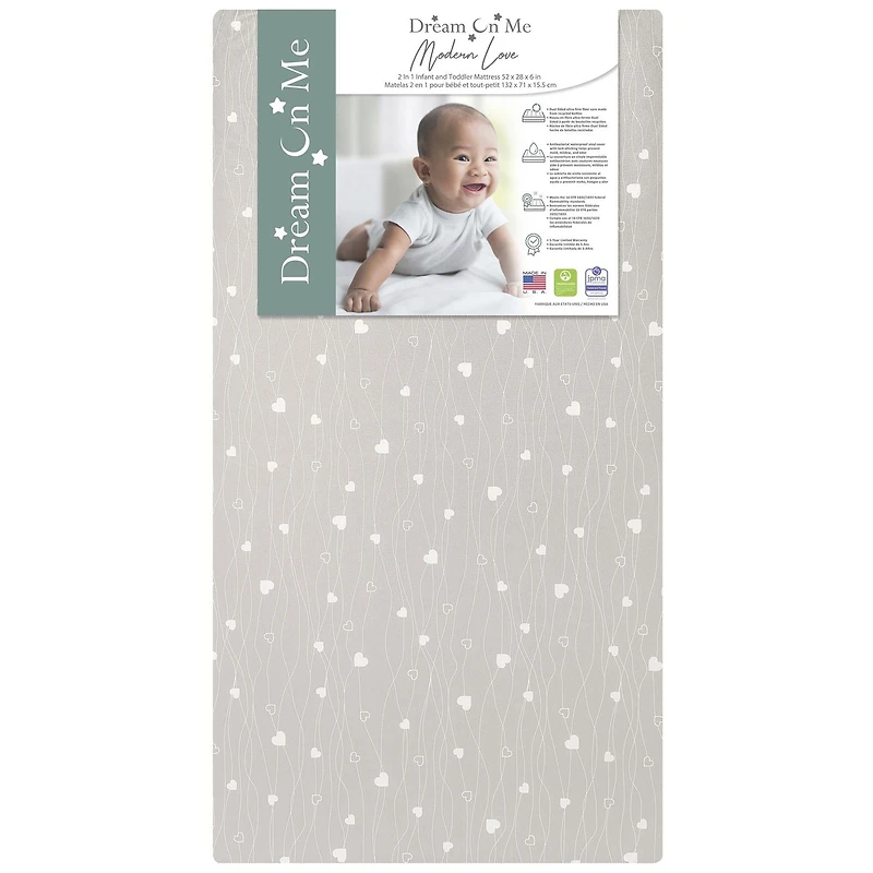 Matelas pour nourrissons et enfants en bas âge 2 en 1 Dream On Me Modern Love / Matelas pour bébés sans danger pour l'environnement Greenguard Gold / Matelas pour nourrissons certifié JPMA / Housse en