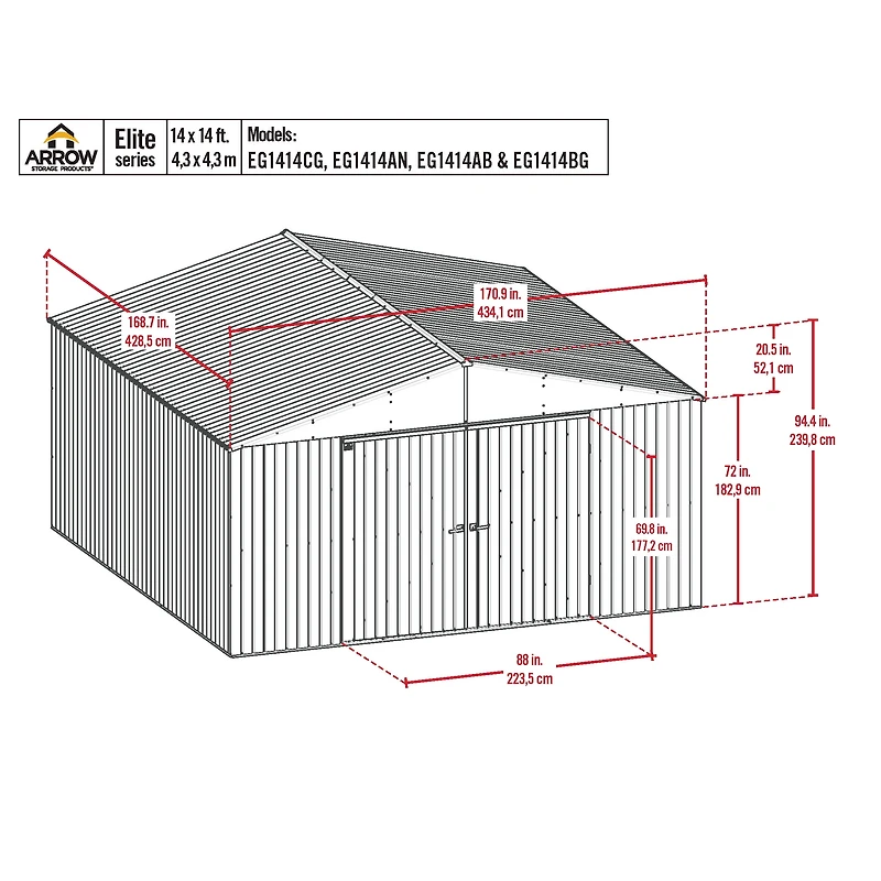 Abri de rangement en acier Arrow Elite, 14 x 14 pi, Anthracite