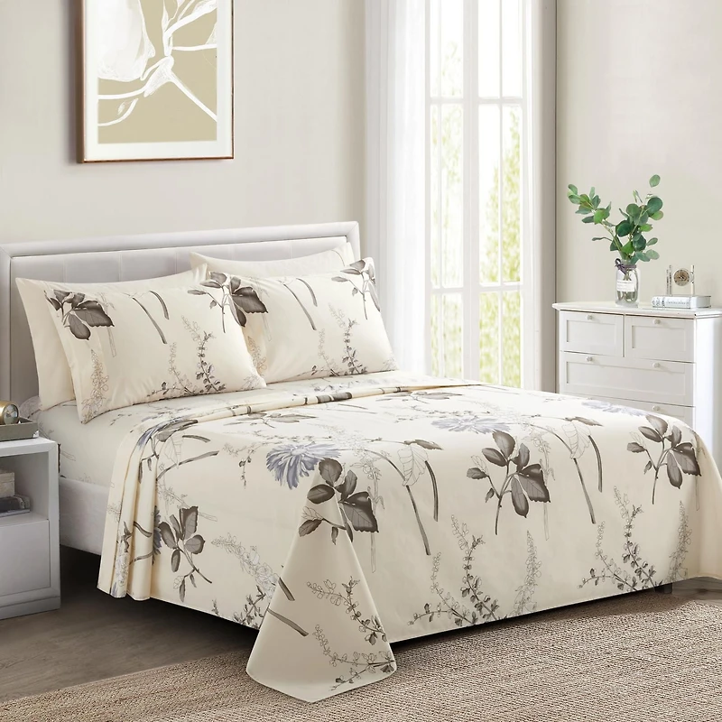 Marina Decoration Ultra Soft Silky Deep Pocket Rich Printed Bedding Rayon from Bamboo All Season Sheet Set with Pillowcases, Blue Chrysanthemum Floral Pattern