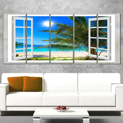 Tableau imprimé sur toile Design Art regarde la plage avec paume en format très grand
