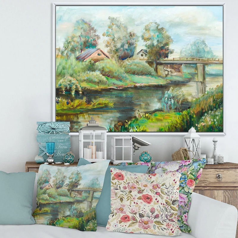 Designart Bridge On The River In Rustic Landscape FLOAT FRAME WALL ART