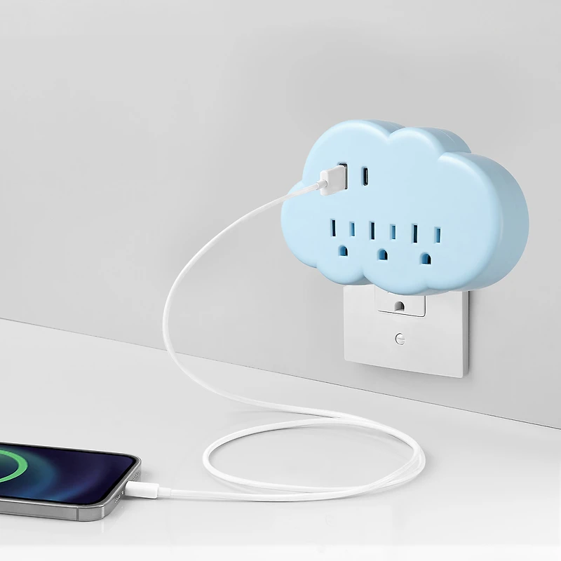 Globe Electric 3-Outlet Blue Cloud Indoor Wall Charger Charging Adapter with 1x USB-A 1x USB-C (15.5 combined)