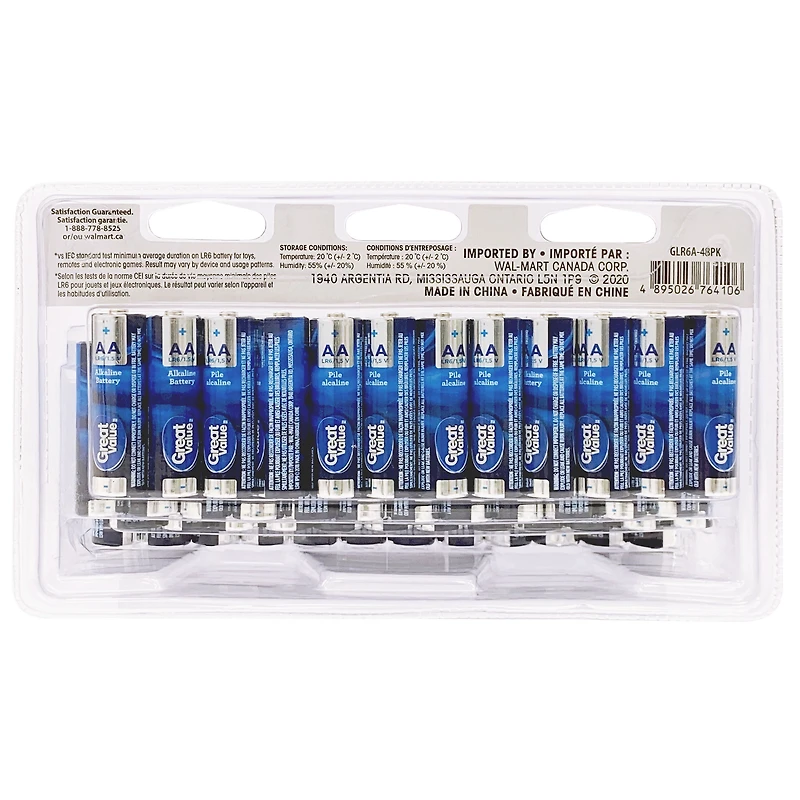 Great Value AA LR6/1.5 V Alkaline Batteries 48-Pack, 10-year storage life, Long lasting power guarantee