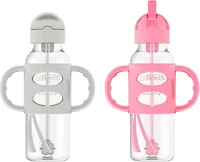 Dr. Brown's Milestones Bouteille à Paille à Col Étroit, Antifuite avec Poignées en Silicone 100 %, Gris/rose, 6m+, Bouteilles 2x8oz
