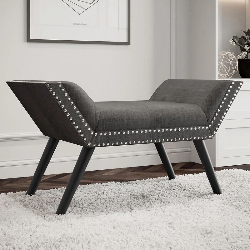 Modern Fabric and Solid Wood Bench - Grey and Black