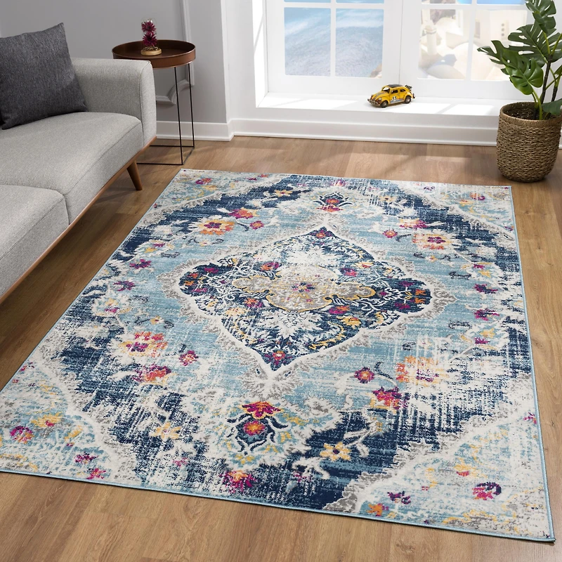 Tapis d'intérieur bohème Branch Savannah 2' x 30' (taille exacte : 2'3" 30'), bleu gris, style transitionnel - Entrée, couloir, salle de bain et cuisine