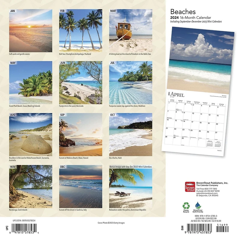 BrownTrout Beaches 2024 12x24 Inch Square Wall Calendar, 9781975457853