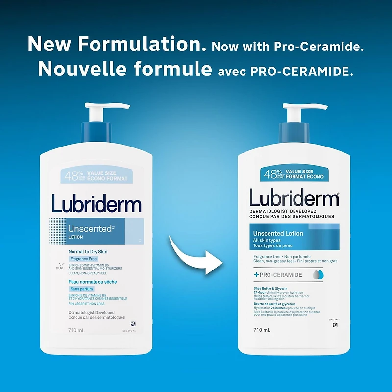 Lubriderm Unscented Lotion, Shea Butter and Glycerin, Dry Skin, Hand, Face Moisturizer, Fragrance Free, 710 mL