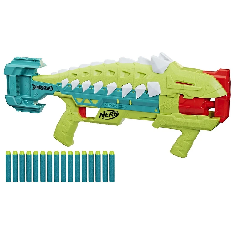 Nerf DinoSquad Armorstrike blaster à fléchettes, barillet rotatif 8 fléchettes, poignée, rangement pour fléchettes, 16 fléchettes Nerf Elite, design d'ankylosaure