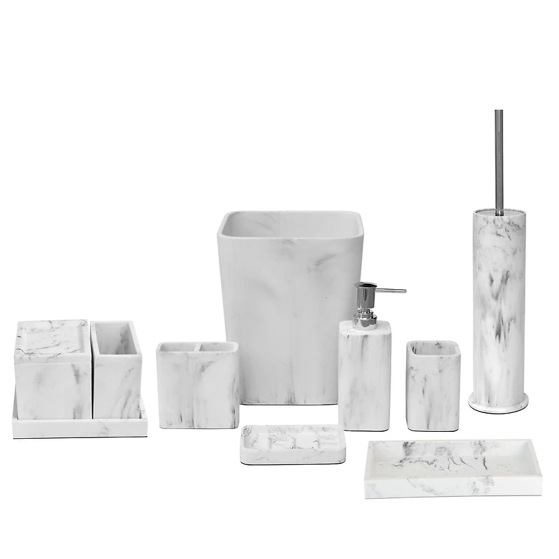 hometrends Brosse de toilette et support de toilette blanc en faux marbre, 1 brosse de cuvette de toilette avec manche en métal et support en grès pour une utilisation dans la salle de bain
