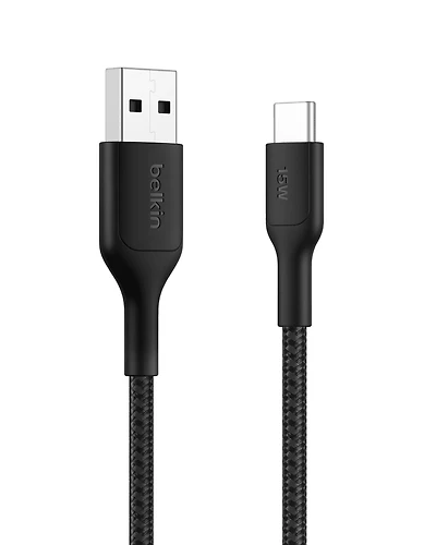 Belkin BoostCharge Braided USB A to USB C Cable (1M/3.3ft. 15W) - Soft, Flexible Fast Charging Cable, Type C Charger Cord for iPhone 16 & 15 Series, Galaxy S25, Pixel 9, iPad Pro, & More Black USB 2.0