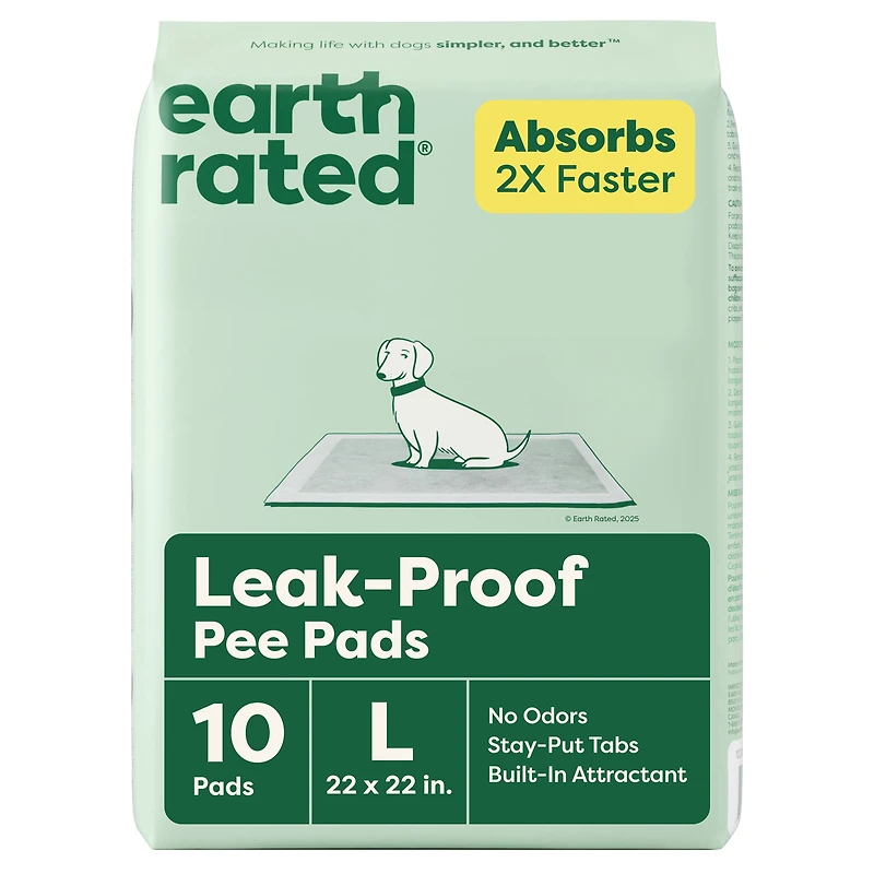 Tapis de propreté antifuite Earth Rated pour chiens et chiots, absorption 2X plus rapide*, non parfumés, L, 56 x 56 cm, paq. de 10