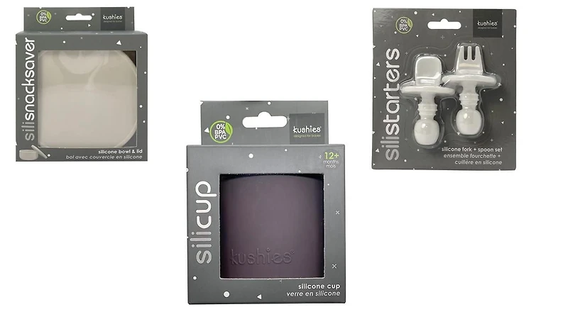 Kushies 4 Piece 100% Silicone Feeding Meal Set - - (Silicone container & Spoon & Fork & Cup) – Dishwasher & Microwave Safe  - Sand - 6 months +