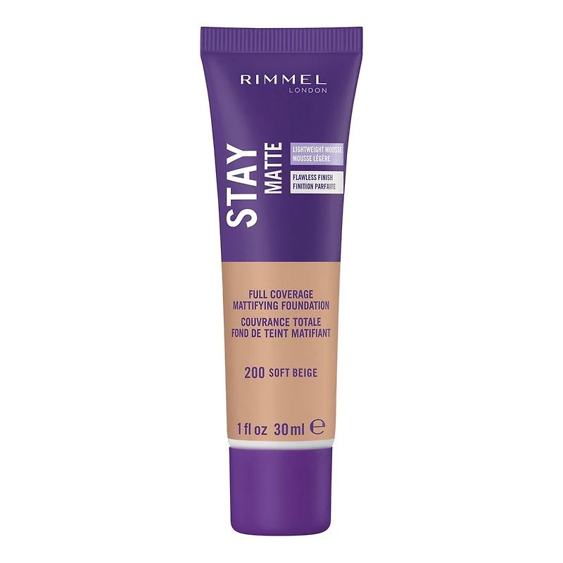 Rimmel Fond de teint Stay Matte, formule légère et soyeuse, mousse liquide légère et complexe anti-pollution, tenue de 24H, 100% Sans Cruauté Finition mate fraîche & naturelle