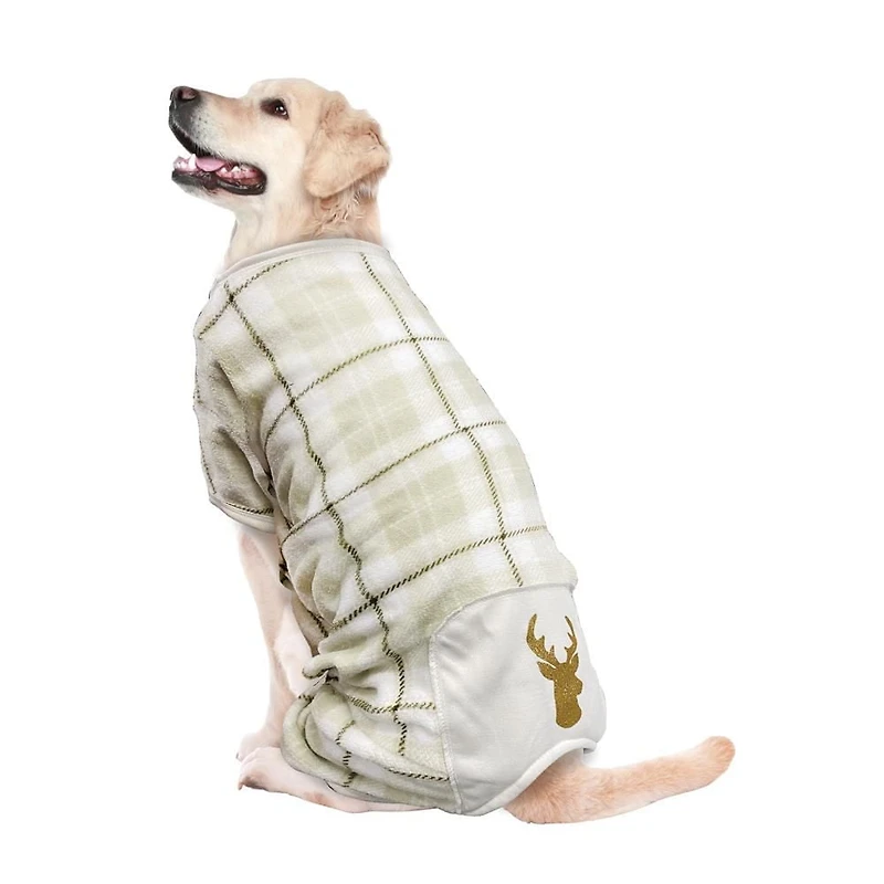 Way to Celebrate Vêtements pour chiens: Pyjama en molleton pour chiens, carreaux ivoire avec une sérigraphie scintillante de renne, taille XS-XL