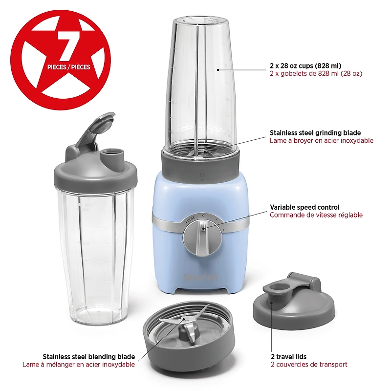 Starfrit 7 pcs  Personal Blender, 2 x 28oz (828ml) cups, 2 x travel lids, 2 blades, 3 speed modes: Low, High & Pulse, 300W, Blend smoothies, shakes, and soups with ease! The Starfrit Personal Blender has a 300W motor, 3 speeds, 2 tumblers with lids, and safety features. Dishwasher-safe and BPA-free for quick, safe, and convenient use.