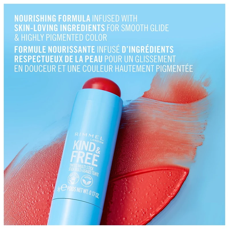 Rimmel Kind & Free Multi-Stick, pour les joues et les lèvres, hydratant, couleur modulable, formule végétalienne, formule propre Formule intensément hydratante