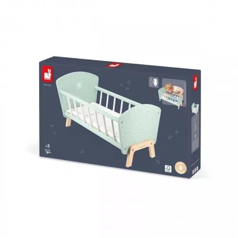 Janod Lit en Bois Zen - Jouet de Simulation avec Oreiller et Couverture - Accessoire pour Poupée - 3 Ans et Plus
