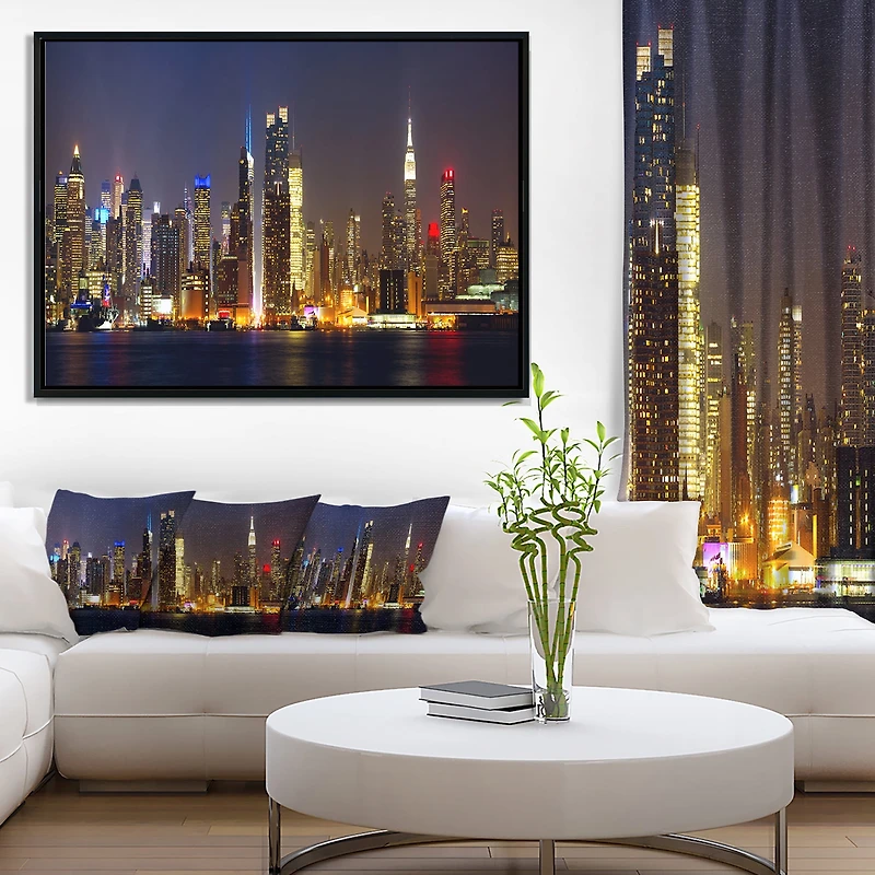 Design Art New York Skyline at Night Framed Canvas Art Print