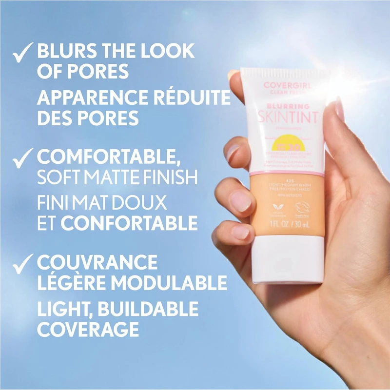 Clean Fresh Blurring Skin Tint, Liquid Foundation, Soft Matte Finish, Smooths, Brightens, Blurs Pores, Mineral Sunscreen, Vegan Formula, skin-loving formula