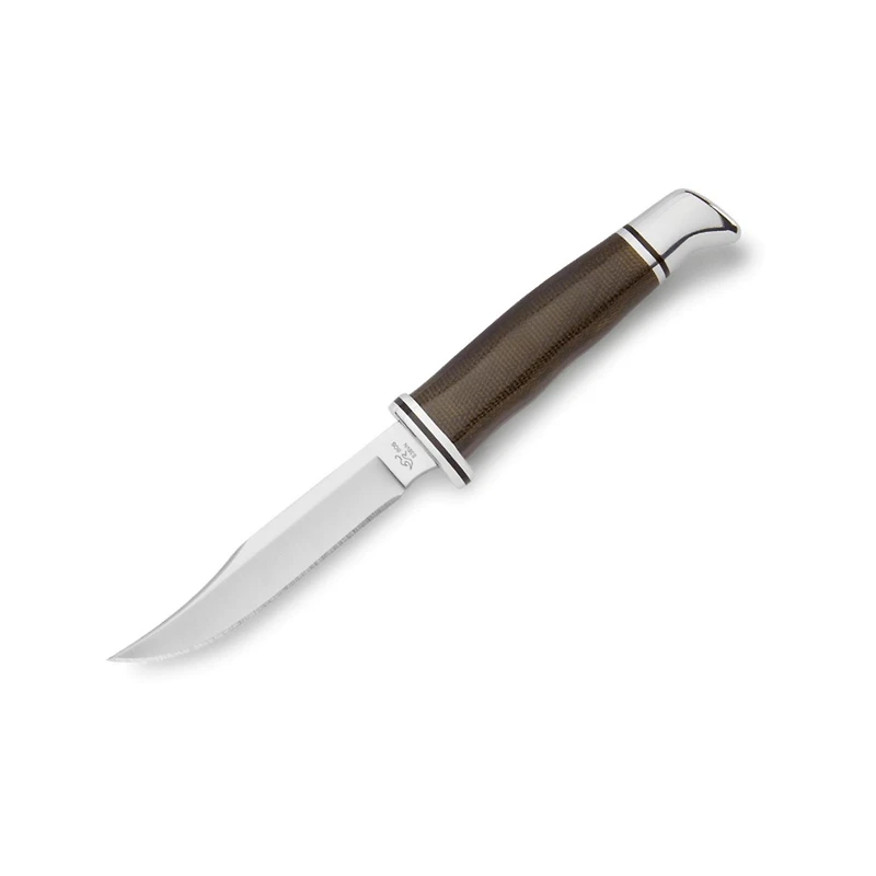 Buck Knives Woodsman 102 Knife - Lifetime warranty, Steel Clip Blade, Full Tang, O.D. Green Micarta Handle, Finger Guard, Leather Sheath - Ideal for Fish and Small Game