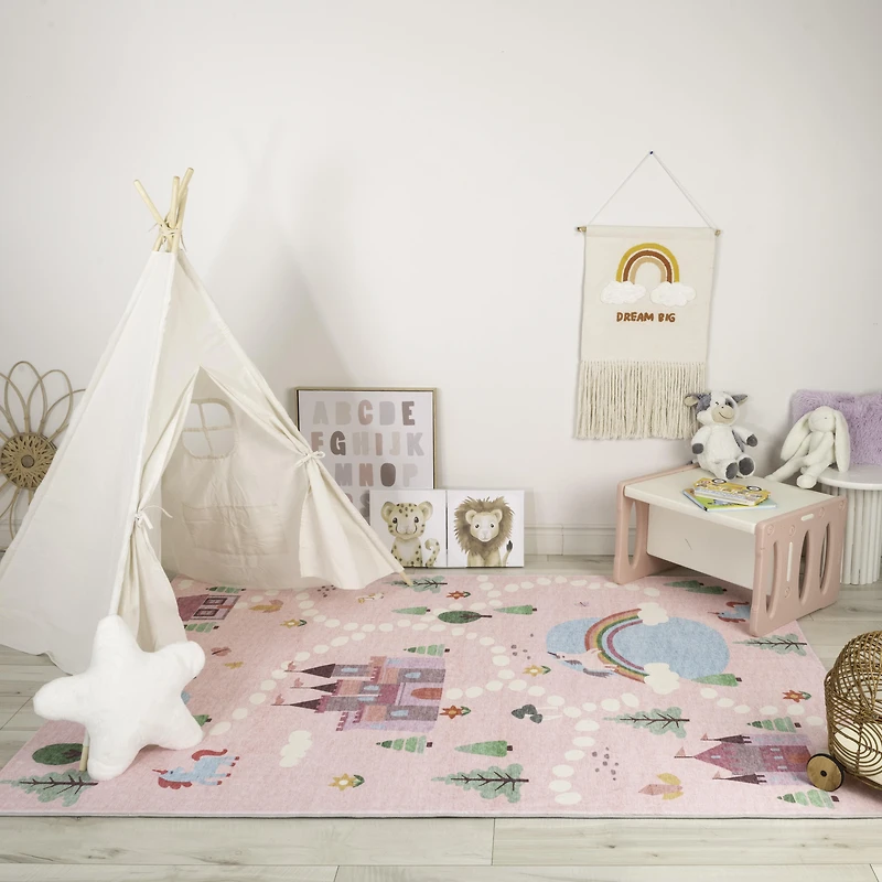 Rug Branch Soft Steps Playtime Unicorns, Castle, Road Map, Educational Soft Area Rug, Pink White - Boys & Girls in Playroom, Nursery, Bedroom