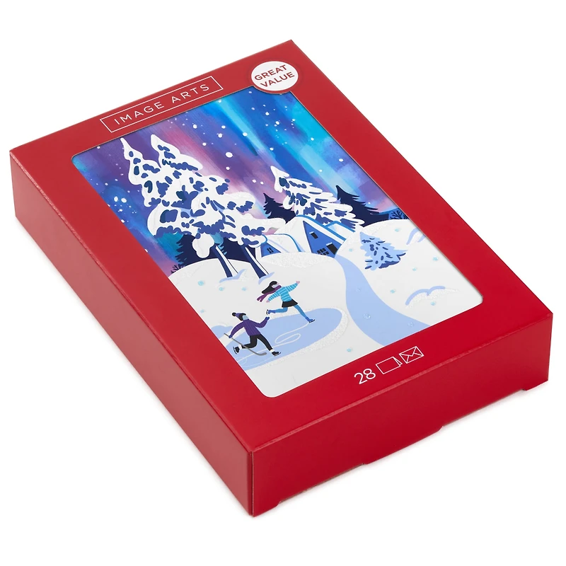 Image Arts Boxed Christmas Cards, Ice Skating Under Northern Lights (Pack of 28 Cards with Envelopes)