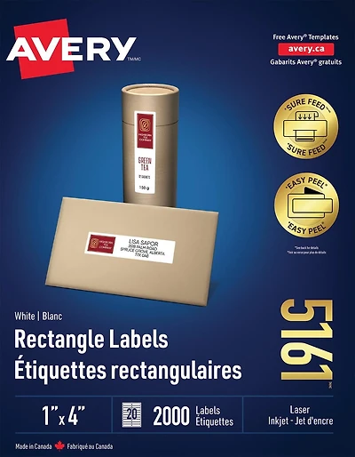 Avery White Rectangle Labels with Sure Feed Technology, Easy Peel, 1" x 4", for Laser and Inkjet Printers - 5161