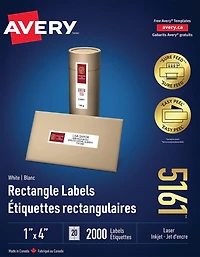 Avery White Rectangle Labels with Sure Feed Technology, Easy Peel, 1" x 4", for Laser and Inkjet Printers - 5161