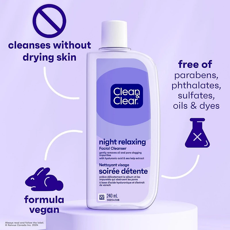 Clean & Clear Night Relaxing Facial Cleanser, Oil-Free Foaming Night Face Wash with Hyaluronic Acid & Sea Kelp Extract Gently Removes Oil & Pore Clogging Impurities, 240 mL