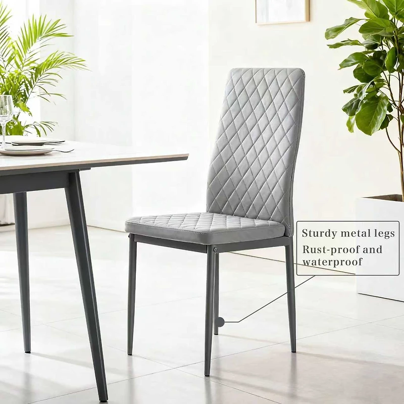 Noble House Modern Dining Chair Set of 4, Fireproof Leather Upholstery with Diamond Grid Pattern and Metal Frame,Gray