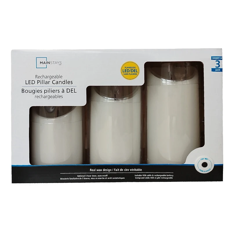Mainstays blanc Rechargeable sans flamme LED pilier bougies, différentes tailles, paquet de 3