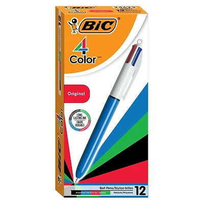 Stylos-billes rétractables BIC 4 couleurs Original, pointe moyenne (1,0 mm), paquet de 12, stylo-bille rétractable avec encre durable