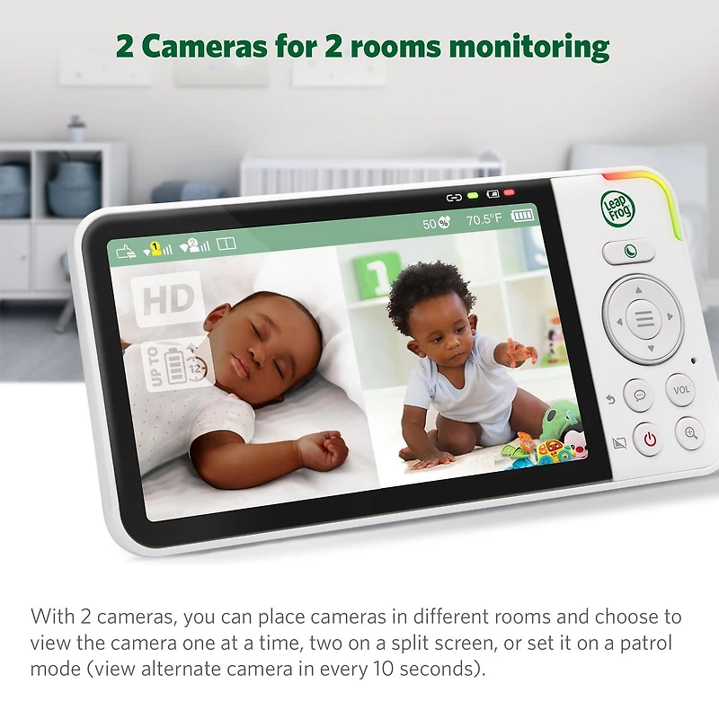 LeapFrog LF925-2HD, Moniteur de bébé Wi-Fi 1080p panoramique à 360 degrés et inclinaison à 2 camér affichage haute définition 720p de 5 po, veilleuse, vision nocturne couleur, (Blanc)
