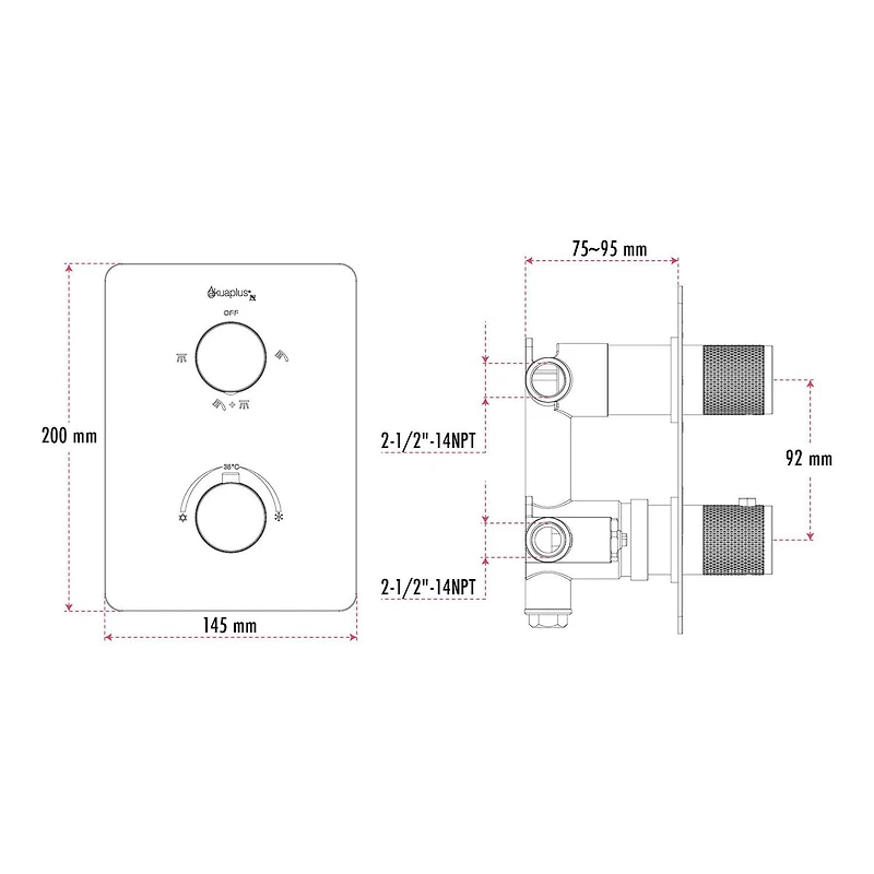 Square 3-functions thermostatic valve, Magnetic handheld shower, bath spout or simultaneously