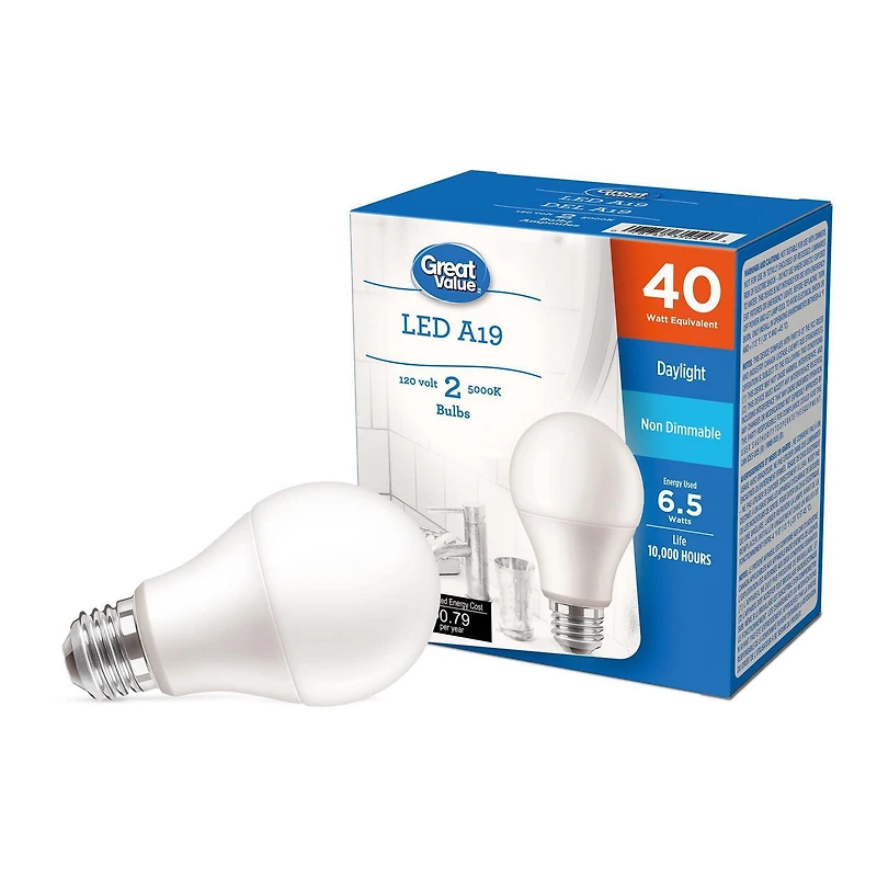 Great Value 40W A19 Daylight LED bulbs 2-pack, GV LED 40W A19