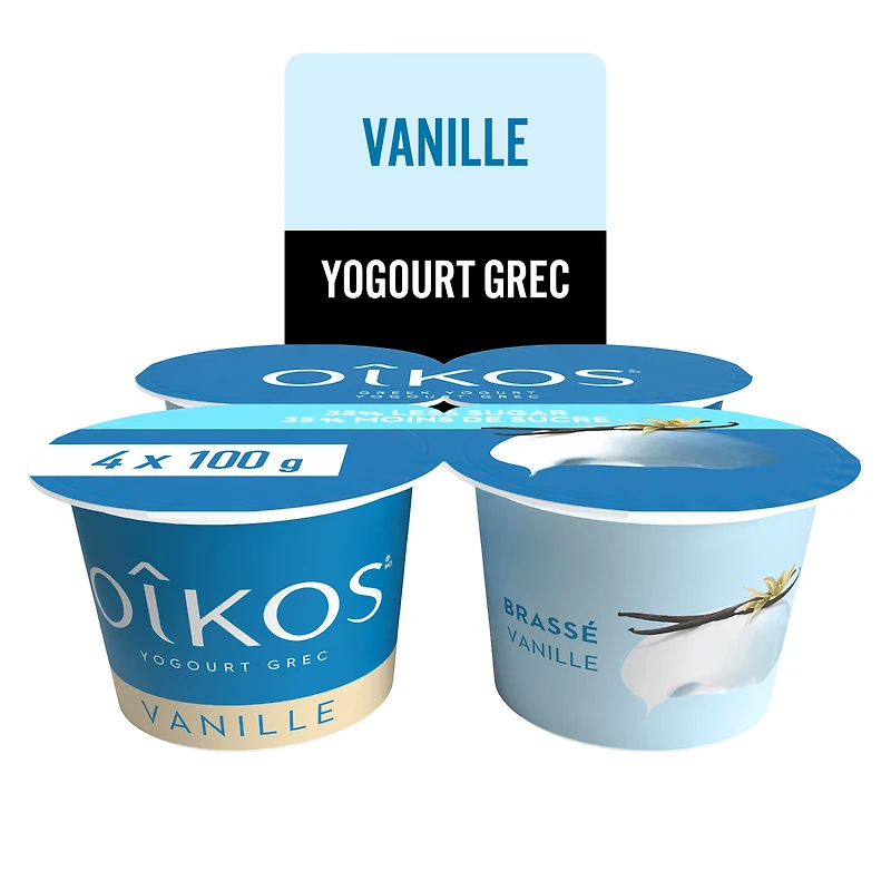 Oikos Yogourt Grec, Vanille, Brassé, 30 % Moins de Sucre, 4x100g