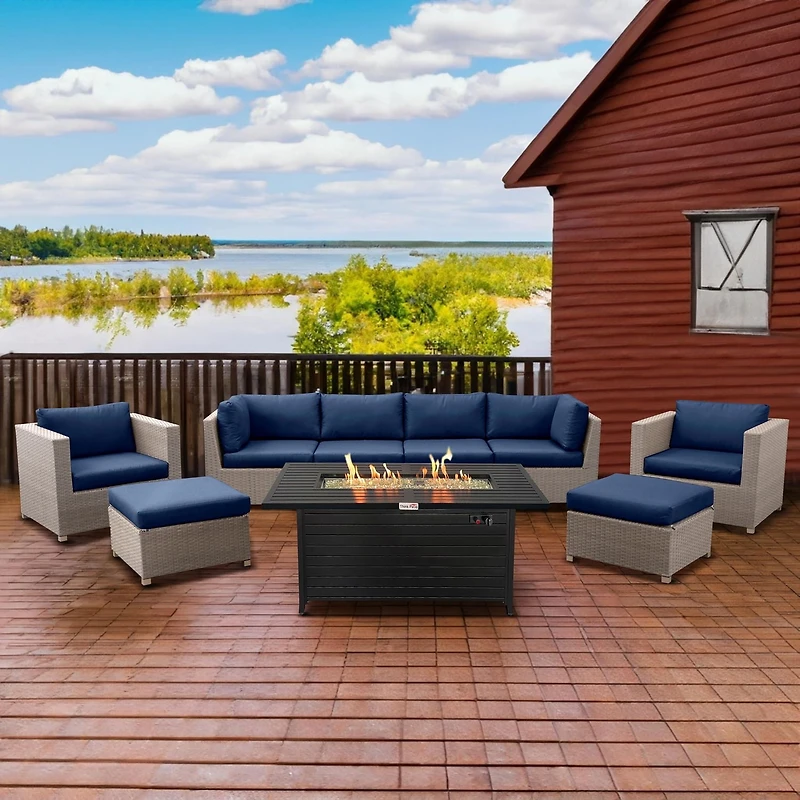 Chambers Bay 9 Piece All-Weather Wicker Patio Conversation Set in Navy with Rectangular Fire Table