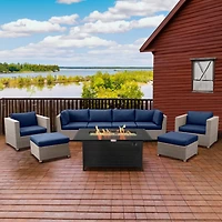 Chambers Bay 9 Piece All-Weather Wicker Patio Conversation Set in Navy with Rectangular Fire Table