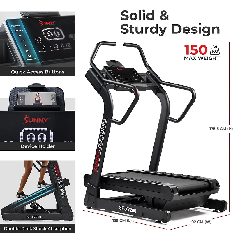 Sunny Health & Fitness Tapis Roulant Premium avec Inclinaison Extrême Ascendante et Descendante, Simulateur d'Entraînement en Montée/Descente - SF-X7200