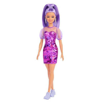 Barbie Fashionistas Doll #178, Petite, Long Purple Hair & Purple Metallic Dress, Sheer Bodice & Sleeves, Purple Sneakers, 3 to 8 Years Old