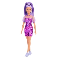 Barbie Fashionistas Doll #178, Petite, Long Purple Hair & Purple Metallic Dress, Sheer Bodice & Sleeves, Purple Sneakers, 3 to 8 Years Old