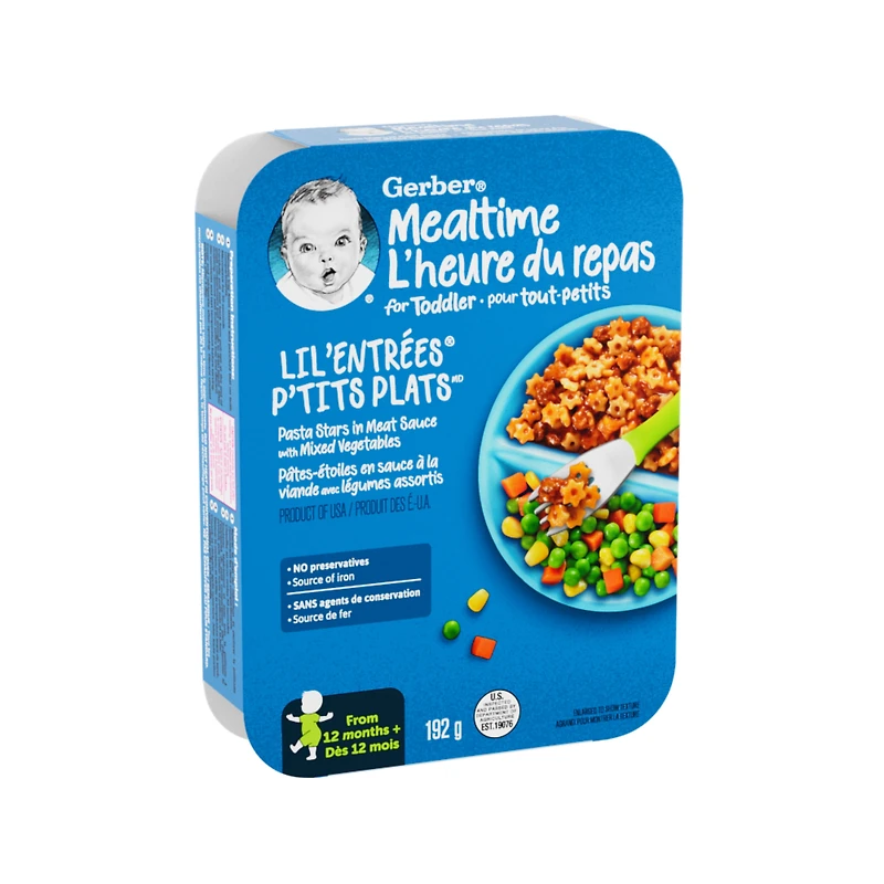 GERBER P’TITS PLATS Pâtes-étoiles en sauce à la viande avec légumes assortis, 12 mois et plus, repas pour tout-petits, maïs, carottes, pois, sans agents de conservation, source de fer 192g