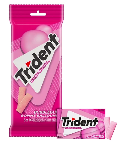 Trident, Multipaquet de Gomme balloune sans sucre- Paquet de 3 (42 Morceaux) 3 Paq (14 pcs ea), 42ct