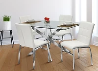 Ensemble de salle à manger 5PCS Dustin de K-Living avec verre trempé rectangulaire de 60 "avec table de base chromée et chaises en PU blanches (1 table et 4 chaises)