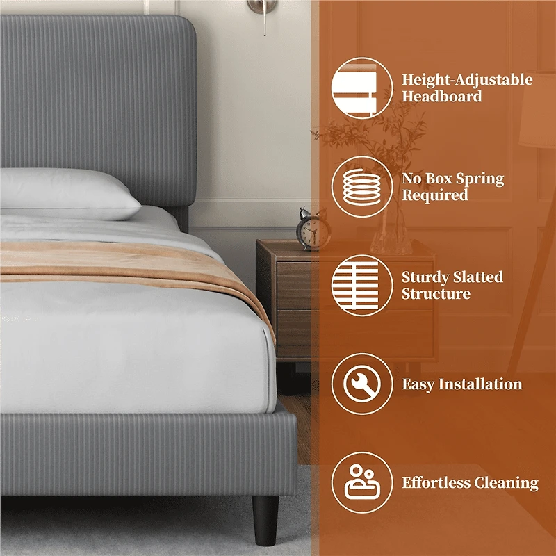 FullFurnique Upholstered Platform Bed Frame with Wooden Slat Support, Queen, Light Gray