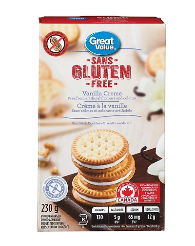 Biscuits sandwichs crème à la vanille sans gluten de Great Value 230g